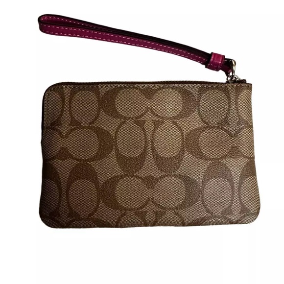 Authentic Coach Corner Zip Wristlet In Brown Signature Canvas with Magenta Strip - Picture 2 of 12